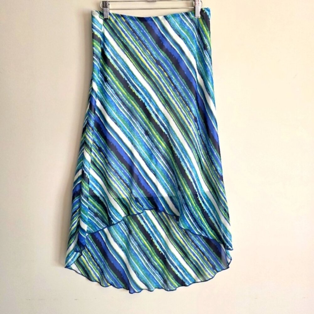 M I K O Flowy High Low Chiffon Summer Skirt Blue Stripe Small